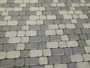 Industrial building background of paving slabs with overgrown with moss in the cracks. Texturing background