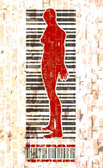 Bar code woman silhouette. Human trafficking text. Brick wall textured backdrop