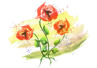 Watercolor red flowers in a bouquet. On a colorful vintage background. Poster, postcard, for design.