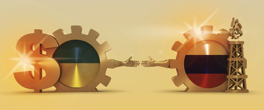 Image relative to gas transit from russia to turkey. Business Handshake. 3D rendering. Lens flare effect. Gold material of a gears. Russian and Ukrainian flags on golden cog wheels.