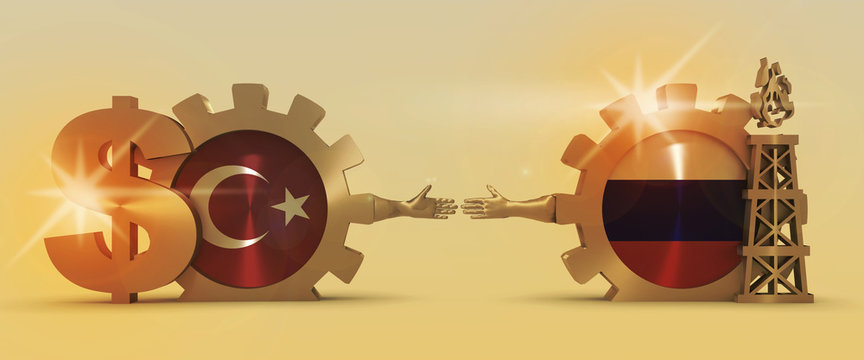 Image relative to gas transit from russia to turkey. Business Handshake. 3D rendering. Lens flare effect. Gold material of a gears. National flags on golden cog wheels.