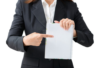 Business woman holding notebook  isolated