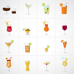 Alcohol drinks and cocktails soft and long-drinks icon set in flat design style.