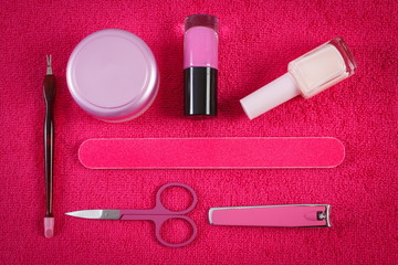 Naklejka premium Cosmetics and accessories for manicure or pedicure, concept of nail care