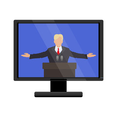 Famous person behind the podium on the monitor screen. Vector illustration of flat