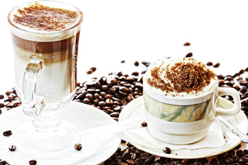 Various coffee on beans closeup