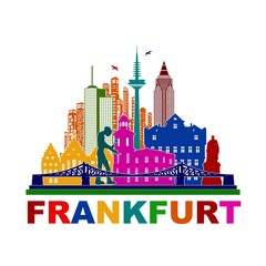 Frankfurt Skyline Sehenswürdigkeiten Wandtatoo  Umriss Silhouette bunt Schattenbild Grafik Stadt Panorama