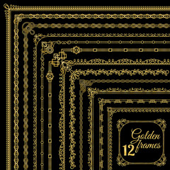 Golden vintage corner borders set on black background. Vector illustration