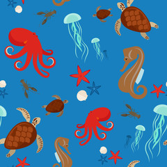 Naklejka premium Sea animals seamless pattern on blue background. Vector illustration