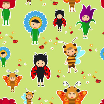 Kids in fancy insect and flower dresses seamless pattern. Vector illustration