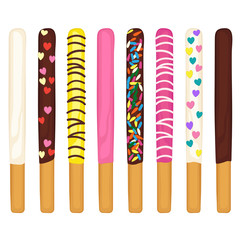 Vector illustration of chocolate dipped cookie sticks on white background. Pepero.