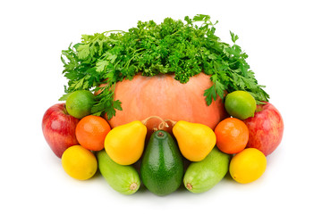 Fruits, vegetables and herbs isolated on white background.