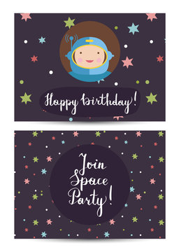 Happy birthday cartoon greeting card on space theme. Smiling astronaut in helmet portret, colorful stars vector illustrations on brown background. Bright Invitation on childrens costumed party