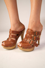 Women's brown leather platform open toe shoes