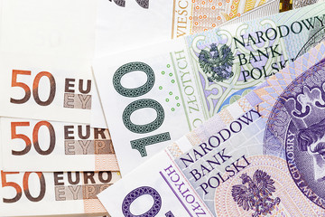 Polish zloty and euro closeup