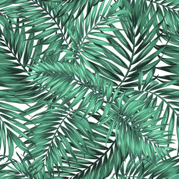 Seamless Tropical Jungle Palm Leaves Pattern. Green Blue Turquoise on White Background. Exotic Camouflage Texture. Vector Design Illustration.