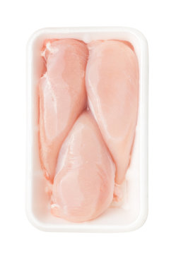 Meat. Raw chicken fillet package isolated on white background. Top view..