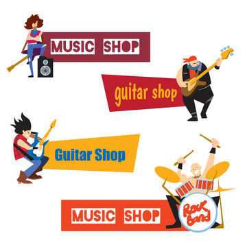 Music shop, guitar shop, concept with musicians isolated vector illustration. Guitarist, drummer and bassist characters with text banner. Rock star characters. Musical instruments and entertainment