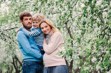 spring portrait of happy family enjoying holidays in blooming garden. Pregnant mother, father and son walking together outdoor