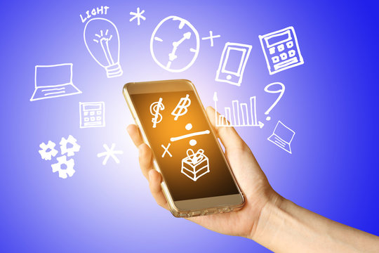 Woman Hand holding smartphone with media icons and symbol collection