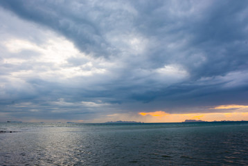 OVERCAST RAIN CLOUD ABOVE TWILIGHT SKY CLOUD AT ISLAND IN OCEAN 