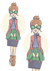 Cute, stylish girl with green sunglasses standing and holding black bag, set of two.