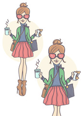 Fashionable, cute girl with pink sunglasses standing and holding cup of hot drink and croissant. Business woman or student having coffee break, eating bagel, set of two.