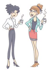 Two women standing and talking, each one holding a hot drink. Female coworkers having a coffee break.