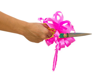 mans hand cutting something with scissors and pink bow isolated