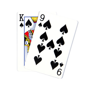 Two cards isolated on white.K and 9 the queen of spades isolated