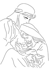 Baby Jesus Mary and Joseph   Christmas line art illustration   Bible story coloring © ammij