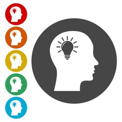 Bulb in head icons set, Idea head, Pictograph of bulb concept 