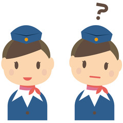 かわいい客室乗務員　女性　上半身　纏め髪　笑顔と疑問