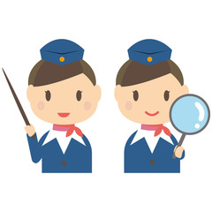 かわいい客室乗務員　女性　上半身　纏め髪　指示棒と拡大