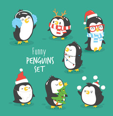 Obraz premium Merry Christmas penguins set. Funny penguins in Christmas costumes. Vector illustration.