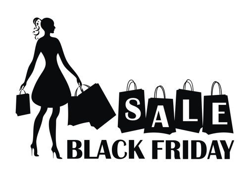 Black Friday sale vector illustration with the image of a beautiful woman with purchases. Black silhouette on white background