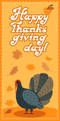 Fototapeta na wymiar Vector thanksgiving card with maple leaf, turkey bird. Flat style. Hand lettered words