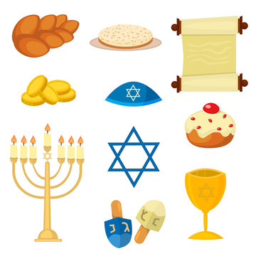 Judaism church traditional symbols icons set isolated vector illustration