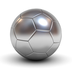 Fototapeta premium Metallic chrome soccer ball isolated over white background with reflection and shadow 3D rendering