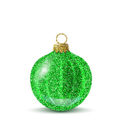 Isolated green christmas ball. Shiny glitter sequins texture. Realistic decoration for christmas tree or new year. Brilliance sparkle. Vector EPS10 illustration.