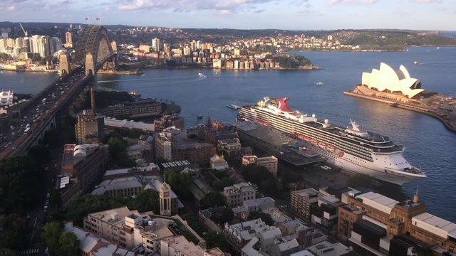 SYDNEY - OCT 19 2016:Aerial landscape view of Sydney Harbour with Sydney Harbour Bridge, Sydney Opera House, Circular Quay Cove and The Rocks at dusk in New South Wales, Australia.