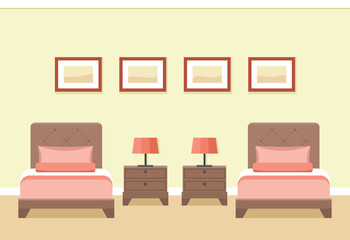 The interior of cozy hotel room with two beds in flat style. Vector illustration.