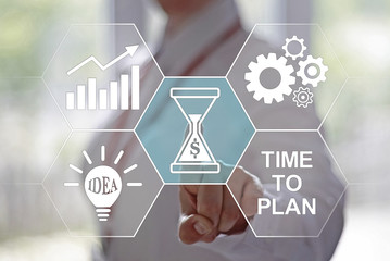     Business technology concept - businesswoman presses hourglass icon with dollar symbol on virtual screen. clock button. Planning time in business. Woman touched sandglass sign. 