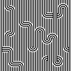 Seamless geometric striped pattern. Monochrome striped loopy ribbon, with maze elements. Geometric graphic texture. Endless striped monochrome background with winding elements. Vector