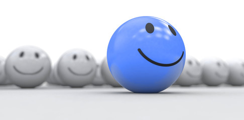 Konzept Konkurrenz: blauer Smiley mit Konkurrenz im Hintergrund: Marktführer