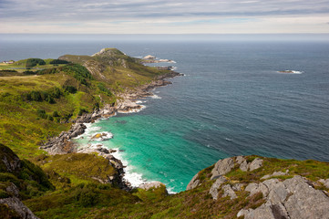 Sea shore landscape, view from the hill to lagoon with turquoise water and sea, Vagsoy island, Norway