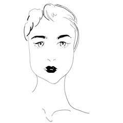 Vector girl. Uncolored contour pattern. Can be used as adult coloring book, card, invitation, t-shirt print. young pretty girl with doodle hairs.