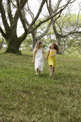 Naklejka na ściany i meble two girls holding hands, skipping in woods