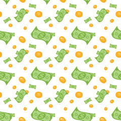 Seamless pattern of money bills and coins. Vector Illustration.
