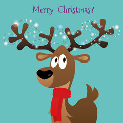 Merry Christmas card with cartoon deer, lights on big horns